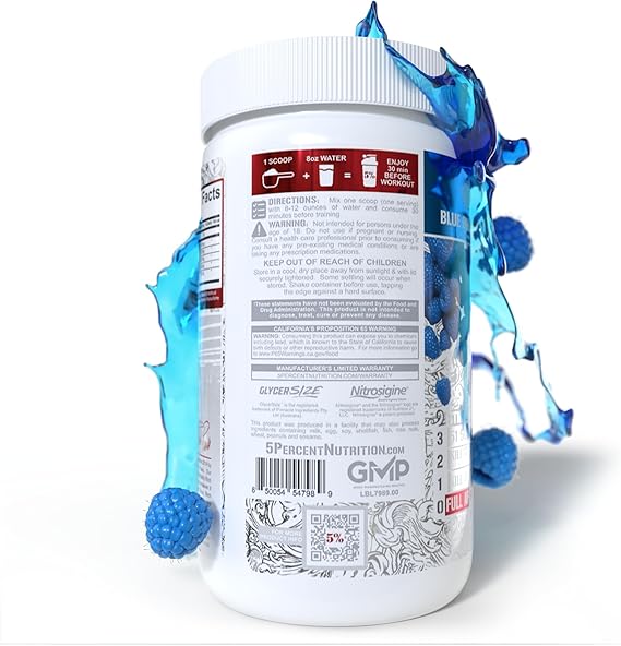 5% Nutrition Full AF Pre-workout Stim Free Blue Raspberry 370g 3
